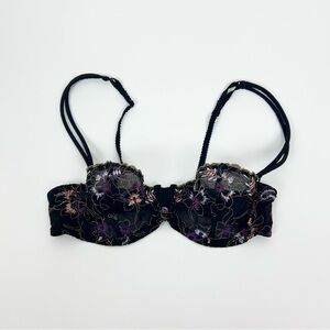 Aubade Floral Embroidered Mesh Lace Half Cup Scalloped Trim Orchid Black Bra 32D